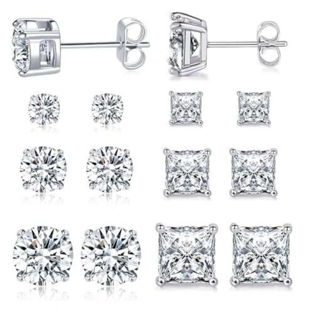 3222 18K White Gold Plated CZ Stud Earrings Set Princess/Round Cubic
